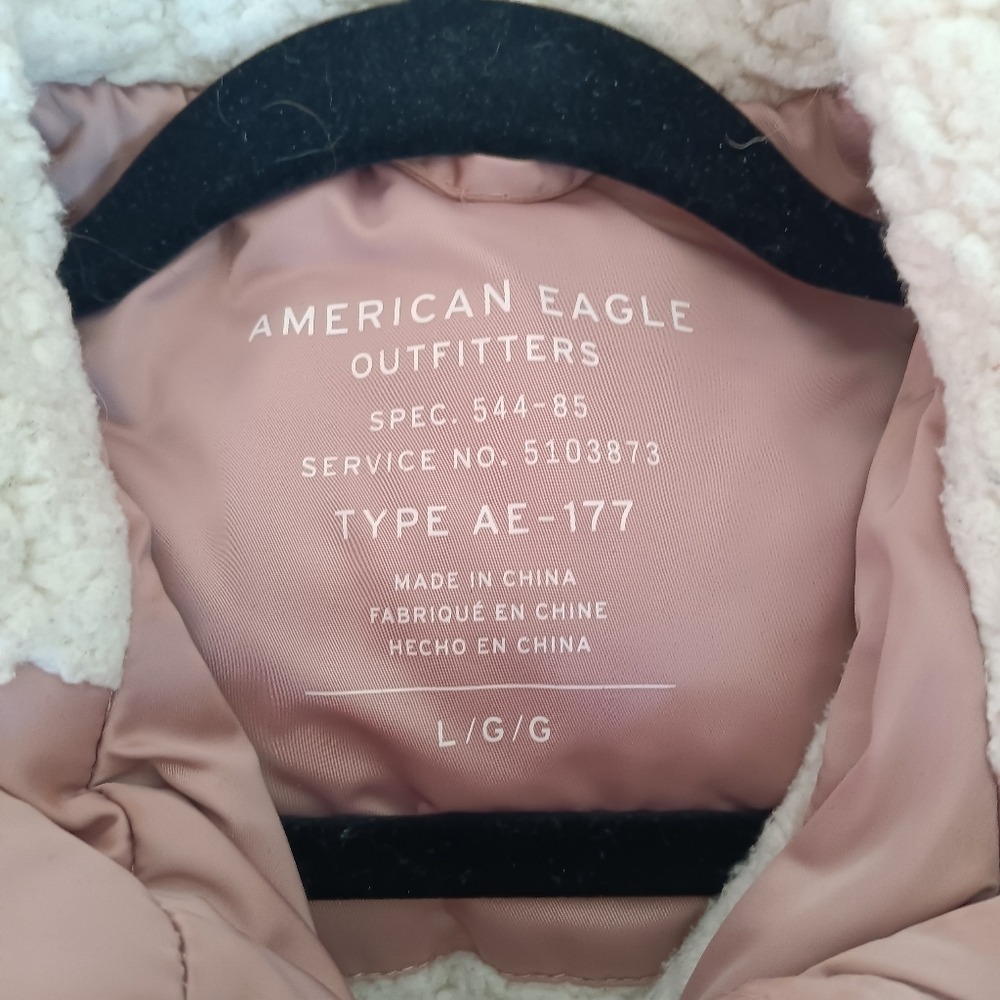 American Eagle Bomber Jacket Womens Large Pink Sherpa Lined Hooded Utility Coat - Picture 2 of 10